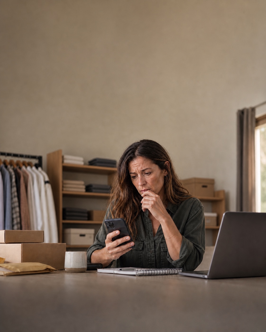 Small business owner reading a customer message at her desk.