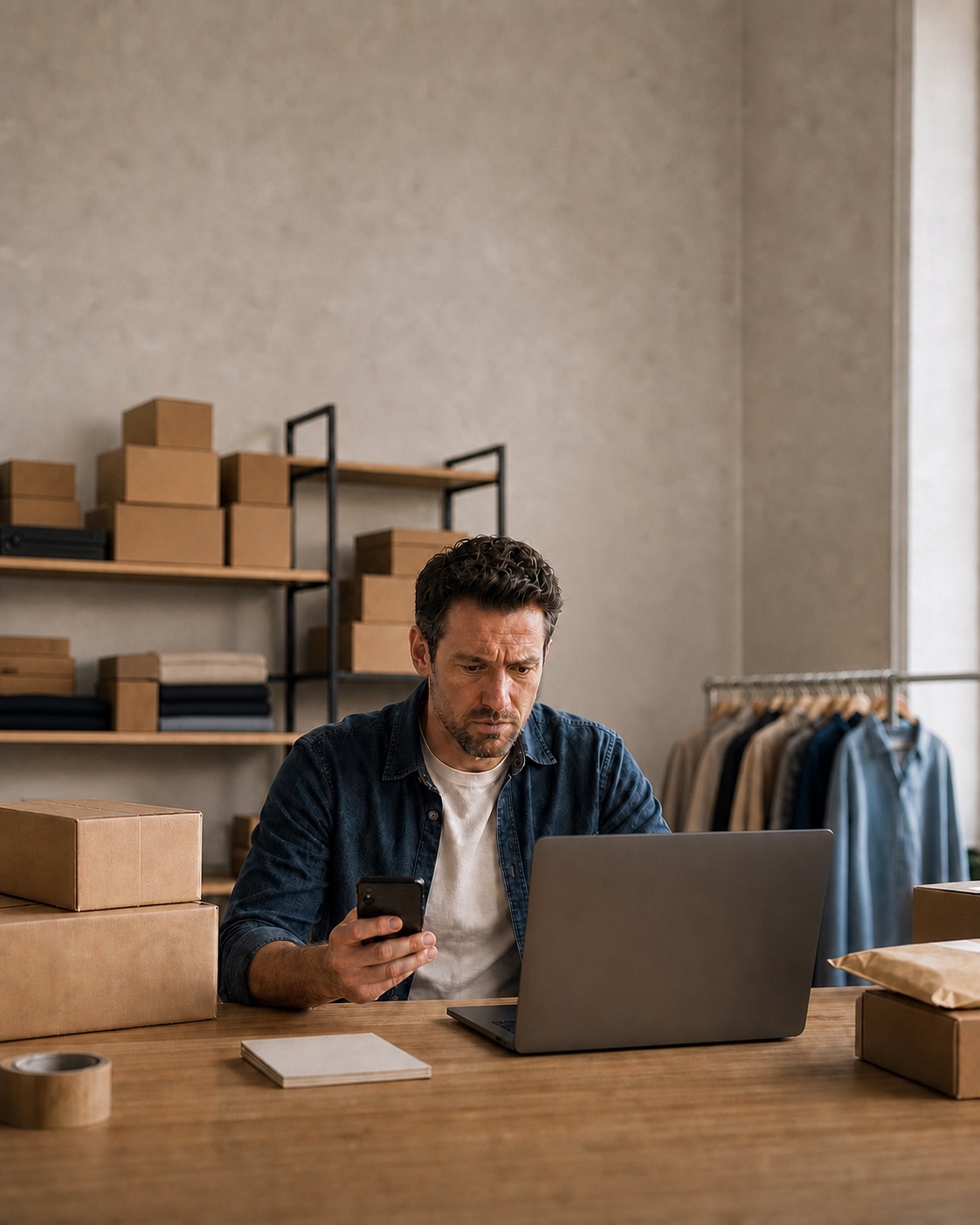 White male small business owner managing customer messages from a laptop and phone.