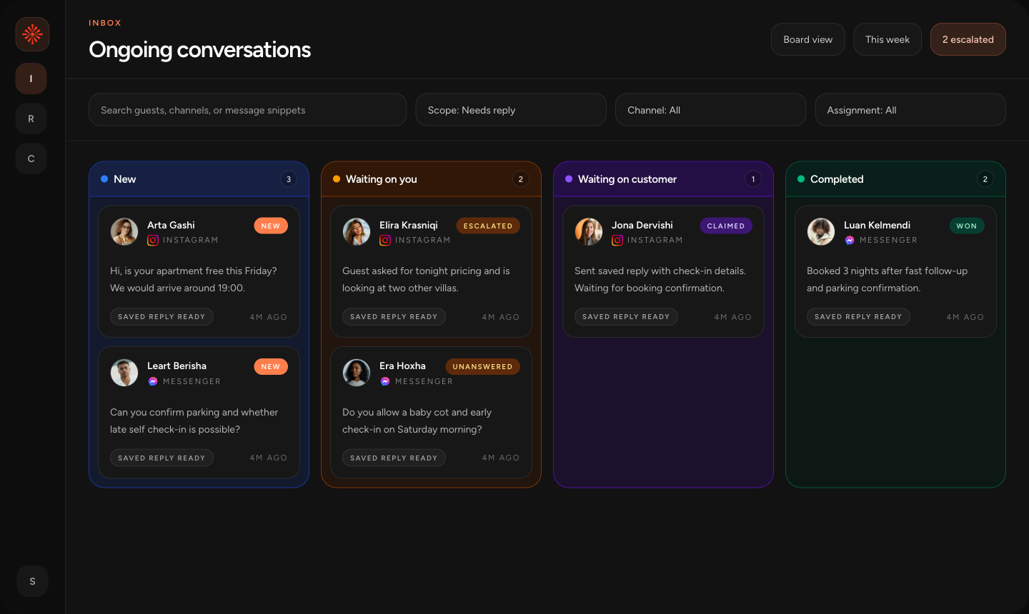 Inboks inbox board showing guest conversations across new, waiting on you, waiting on customer, and completed columns.